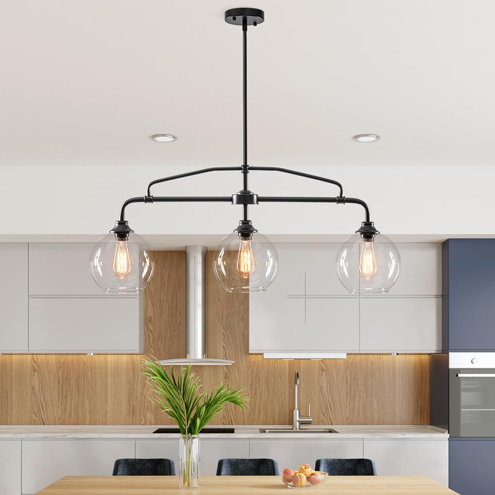 3 lights globe pendant light, modern hanging lighting fixture matte black cluster chandelier with clear glass shades
