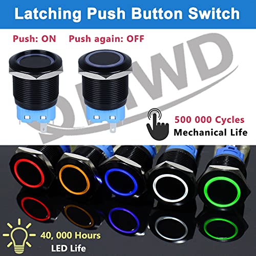 Image of 2PCS 22mm Metal Latching Push Button Switch Waterproof Anti-Vandal Black Shell with Pre-Wired Socket for 7 /8 inch Mounting Hole 12V-24V ON Off 1NO 1NC Halo Ring Red LED