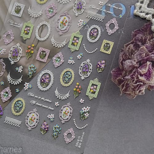 Image of 5D Embossed Vintage Floral Frame Nail Stickers with Lace Accents Self-Adhesive Nail Art Decals for Women Manicure Decorations
