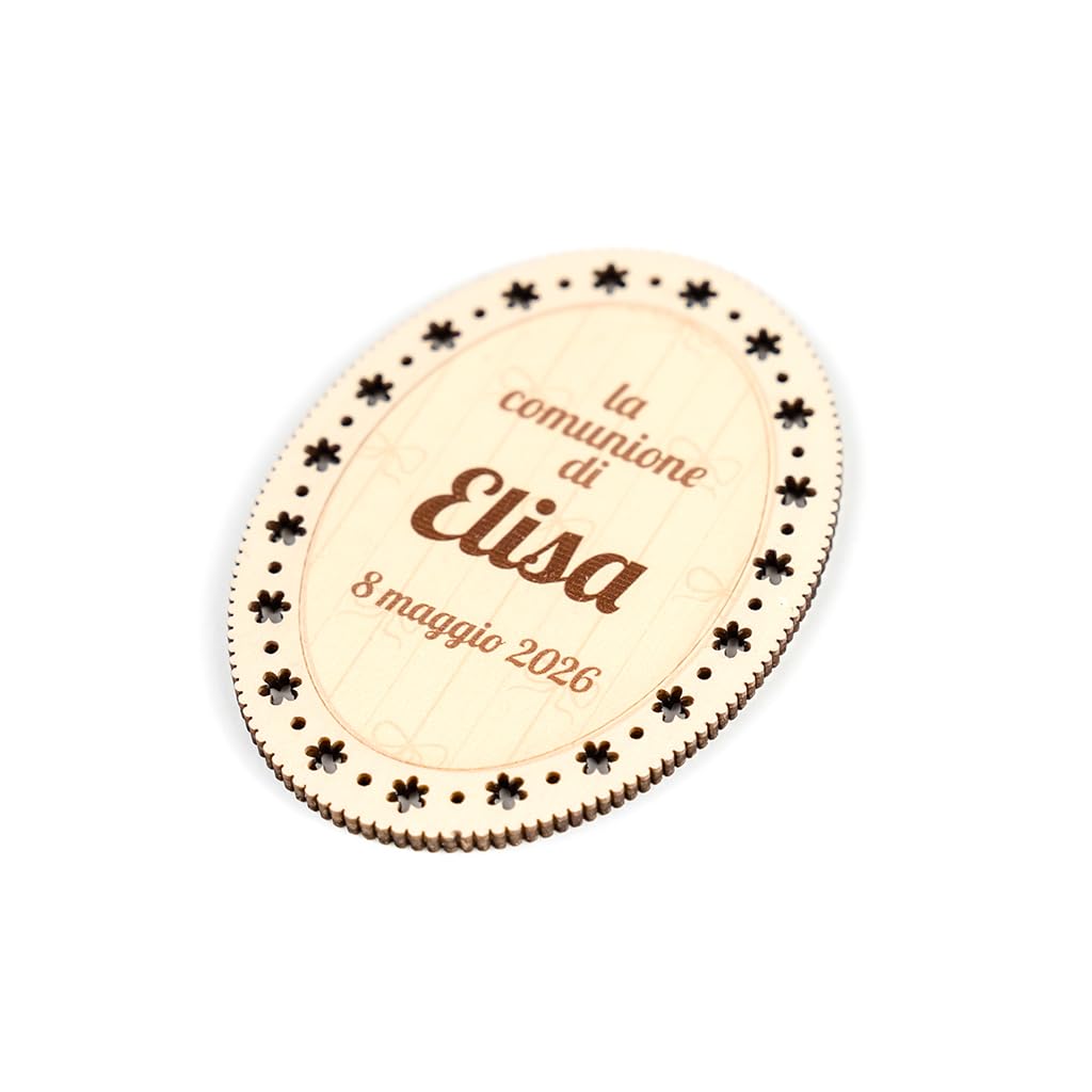Segnaposto in Legno Personalizzabile con Stampa UV, Forma Ovale, 7 x 5,2 cm, per Comunione, Compleanno, Festa privata, C_12 (50)