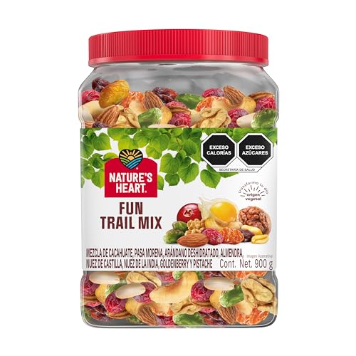 Nature's Heart Fun Trail Mix, Mezcla Orgánica de Frutos Deshidratados, y Nueces, Nuez de la India, Goldenberry, Almendra, Cacahuate, Pistache, Botana Saludable de Origen Vegetal, Bote de 900 gramos