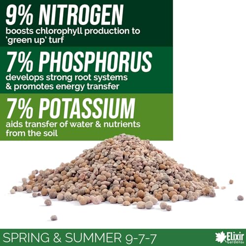 Elixir Gardens Spring & Summer 9-7-7 | Treats 285 sq.m | Granular Lawn Fertiliser/Turf & Grass Feed/Food | 10kg Bag