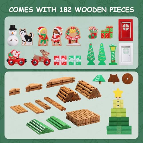 Image of SainSmart Jr. Wooden Logs Set 182 Pcs Building House Toy for Toddlers with Christmas Tree Logs, Classical STEM Construction Kit Compatible with Lincoln Logs for 3+ Kids