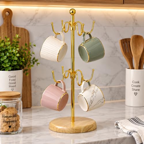 Image of Mug Holder Stand for Kitchen | 8 Hook Mug Tree & Cup Organizer with Bamboo Base | Coffee Cup Holder Stand for Countertop, Dining Table & Coffee Bar | Golden-Electroplated