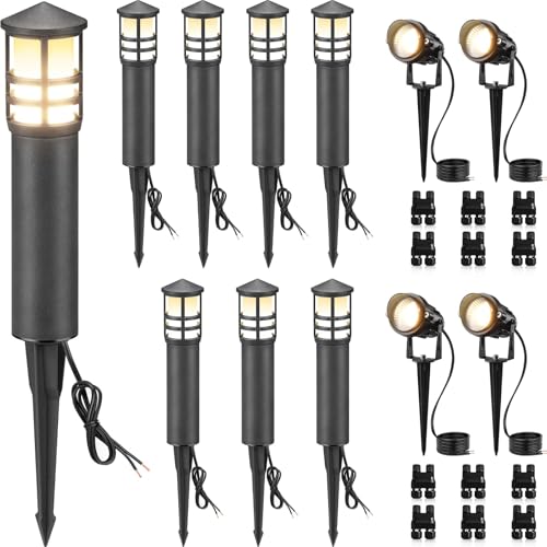 SUNVIE 12-Pack Low Voltage Landscape Lighting Kit LED Bollard Pathway Lights Wired with Spotlights...