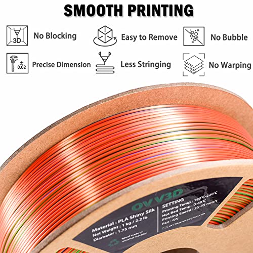 Image of OVV3D 3D Printer Filament, Tri-Colors PLA Filament 1.75mm, Coextrusion Silk PLA Filament, Rainbow PLA Filament with Silk PLA Blue-Green-Orange, 3D Printing Filament + /-0.02mm, 1kg /2.2lbs