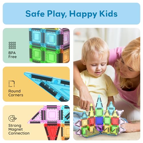 Image of PicassoTiles 40 PCS Mini Magnetic Tiles Travel Toy Educational Building Set | BPA-free plastic construction, age 3+ STEM learning, hand-eye coordination, compact storage box, portable geometric blocks