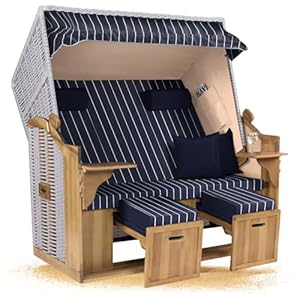Strandkorb Hanse Ostsee XXL 2, 5 Sitzer Volllieger Weiß 150cm breit, ideal für Garten, Terrasse und Balkon (Blau Weiß Nadelstreifen, Zerlegt)