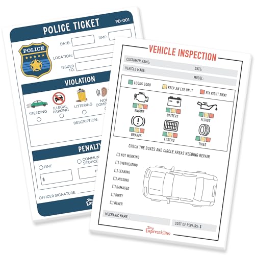 Image of Tiny Expressions Pretend Play Notepads - 2-Pack Kids - 40 Pages Police Ticket & 40 Pages Vehicle Inspection Pads - Police Officer & Mechanic Imaginative Role Play