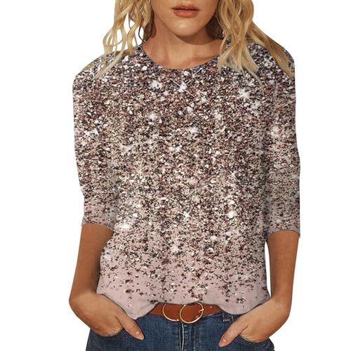 Camiseta de manga 3/4 para mujer, cuello redondo, estampado de lentejuelas, blusas de verano para mujer, Negro , XL