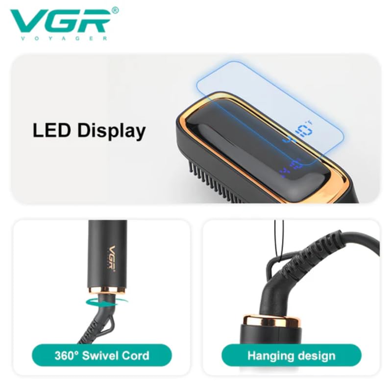 Close-up of the VGR V-560 brush showing its LED display, 360-degree swivel cord, and integrated hanging loop.