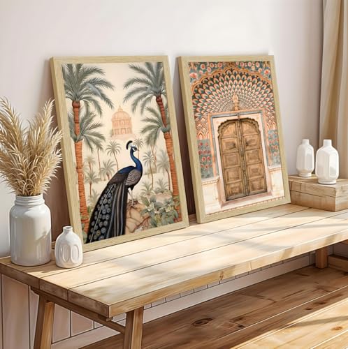 Image of ArtX Paper Peacock Painting For Wall Vastu, Madhubani Art Paintings, Floral Wall Painting for Living Room, Multicolor, Natural Wood Color Frames, Set of 2