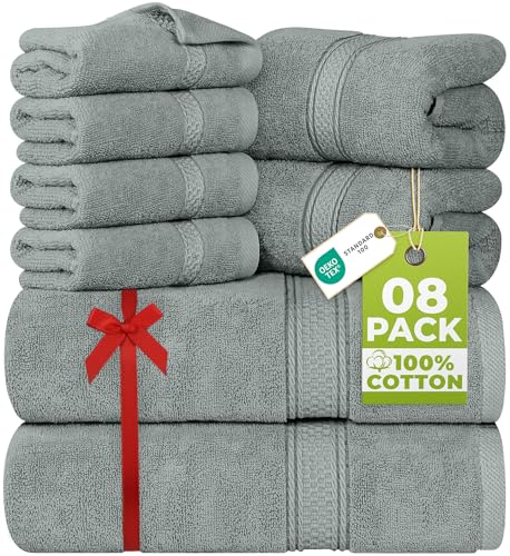 Utopia Towels - 8 teilig Handtücher Set aus Baumwolle mit Aufhänger - 2 Badetuch, 2 Handtücher und 4 Washclappen - (Kühl Grau)