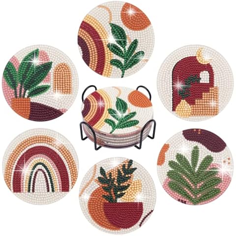 Temlum 6 Pcs Diamond Painting Coasters with Holder, Abstract Plants Coasters Diamond Art Kits for Beginners, Adults Small Diamond Painting Kit Art Craft Supplies Cover