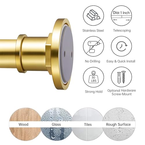 Image of BRIOFOX Industrial Shower Curtain Rod - 2-in-1 Design Tension Curtain Rod - Rustproof Non-Slip 54 to 90 Inch Metal Steel, Light Gold Window Curtain Rod