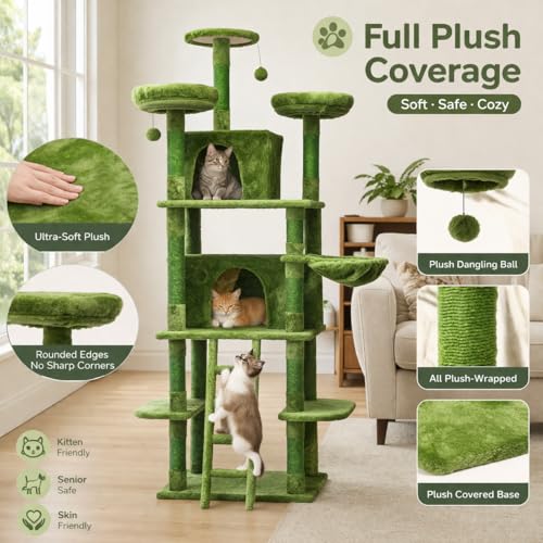 Rascador para gatos verde con 7 niveles y 2 condos miniatura 4