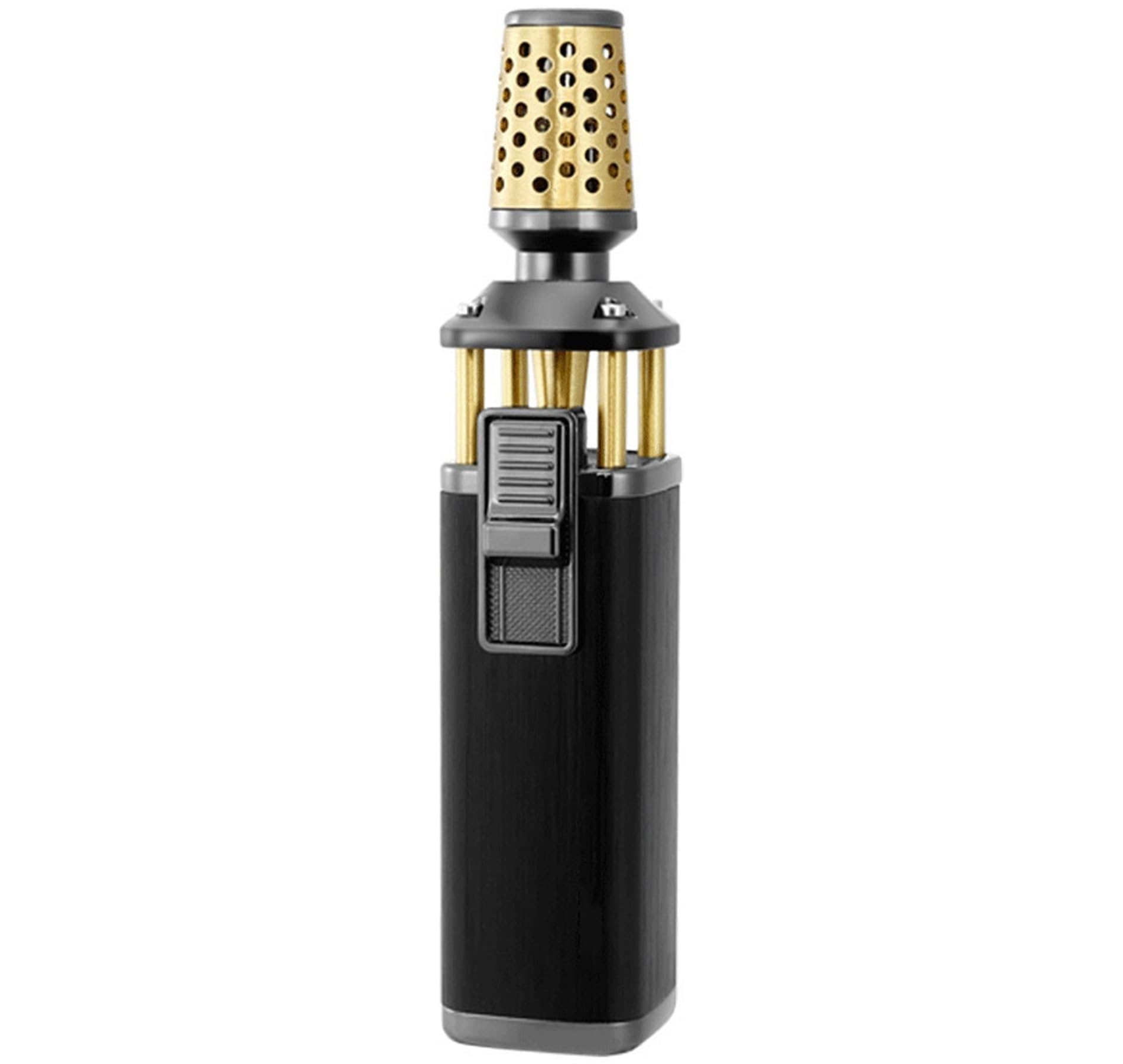 Encendedor de butano resistente al viento, 360 grados utilizable, recargable con bloqueo de fuego, ideal para aventuras de camping
