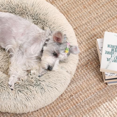 Feandrea Hundebett flauschig, Katzenbett, Donut Kissen, waschbar, Polsterung in der Mitte herausnehmbar, Langer Plüsch, 70 cm Durchmesser, Ombré-Khaki PGW039S01