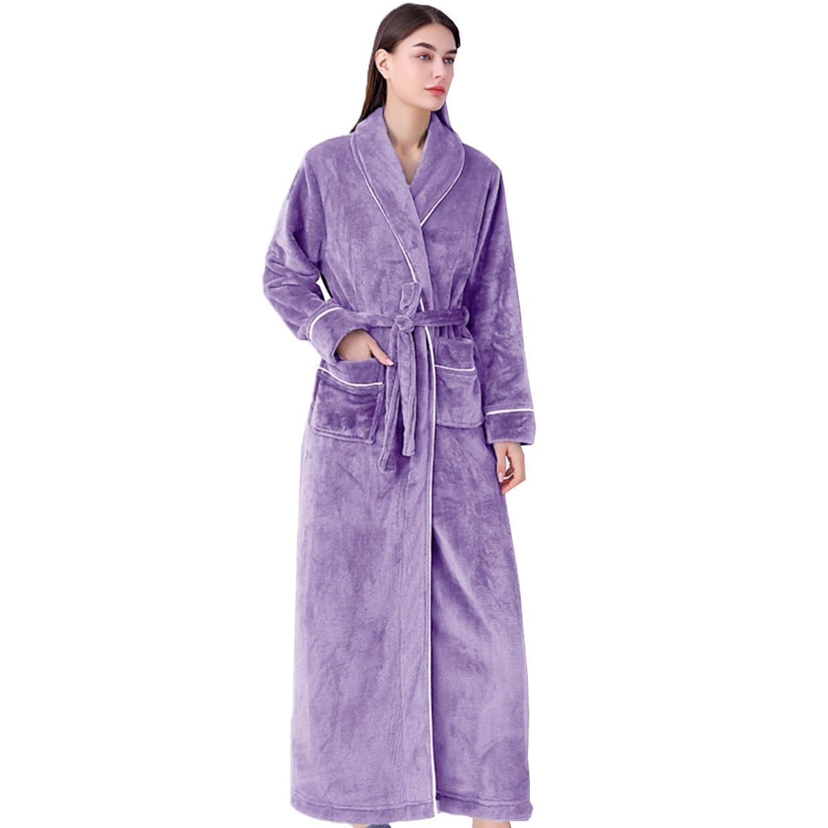 Flanelowe Koszule Nocne Damskie Szlafroki Męski Szlafrok Długi Z Kieszeniami Zimowa Koszula Nocna Z Klapą Bielizna Nocna(/Purple,XL women)