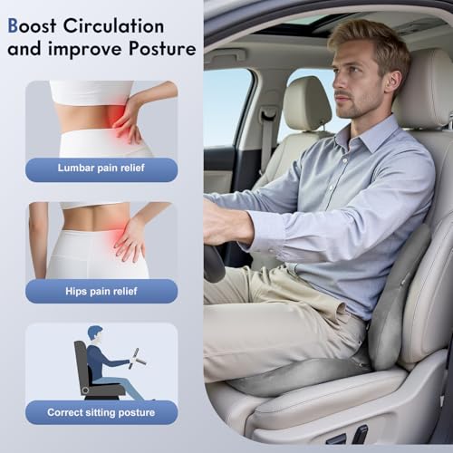 Image of Coverado Memory Foam Car Seat Cushion and Lumbar Support Pillow for Car, Ergonomic Office Chair Cushion for Lower Back Pain Relief, Breathable & Non-Slip for Car, Home, and Office Use, Gray