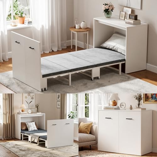 MSFE Camas Plegables de Pared,Cama Plegable de Pared Multifuncional 2 en 1 Colchón Incluido,Cama Individual Plegable para Invitados con Ruedas,Ahorro de Espacio,Capacidad de Carga de hasta 650 Libras