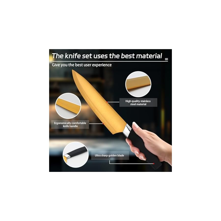 Kitchen-Knife-Set-Retrosohoo-6-Pieces-Sharp-Stainless-Steel-Chef-Knife-Set-with-Cylindrical-Block-Ergonomic-Black-Handle-Knife-with-Gold-Blades-Knife-Set-with-Gift-Box-House-Warming-Gift-Black Kitchen Knife Set, Retrosohoo 6 Pieces Sharp Stainless Steel Chef Knife Set with Cylindrical Block, Ergonomic Black Handle Knife with Gold Blades, Knife Set with Gift Box, House Warming Gift (Black)