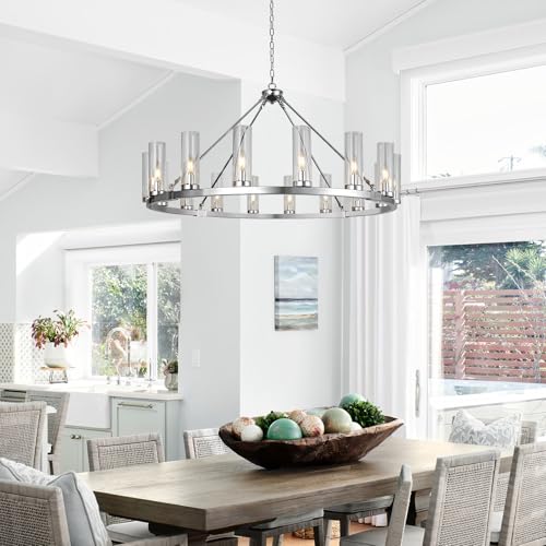 Image of 16 Light Large Wagon Wheel Chandelier with Clear Glass Shade Chrome Round Pendant Light Farmhouse Industrial Chandeliers Dining Room Light Fixture for Stair Living Room Foyer Kitchen
