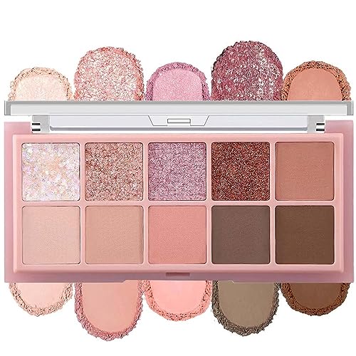Metiplou 10 Colors Eyeshadow Palette Eye Makeup Blendable - Matte Shimmer Glitter Eye Shadow Brown Gold Pink Neutral Nude,High Pigment Long Lasting Naturing-Looking (03)