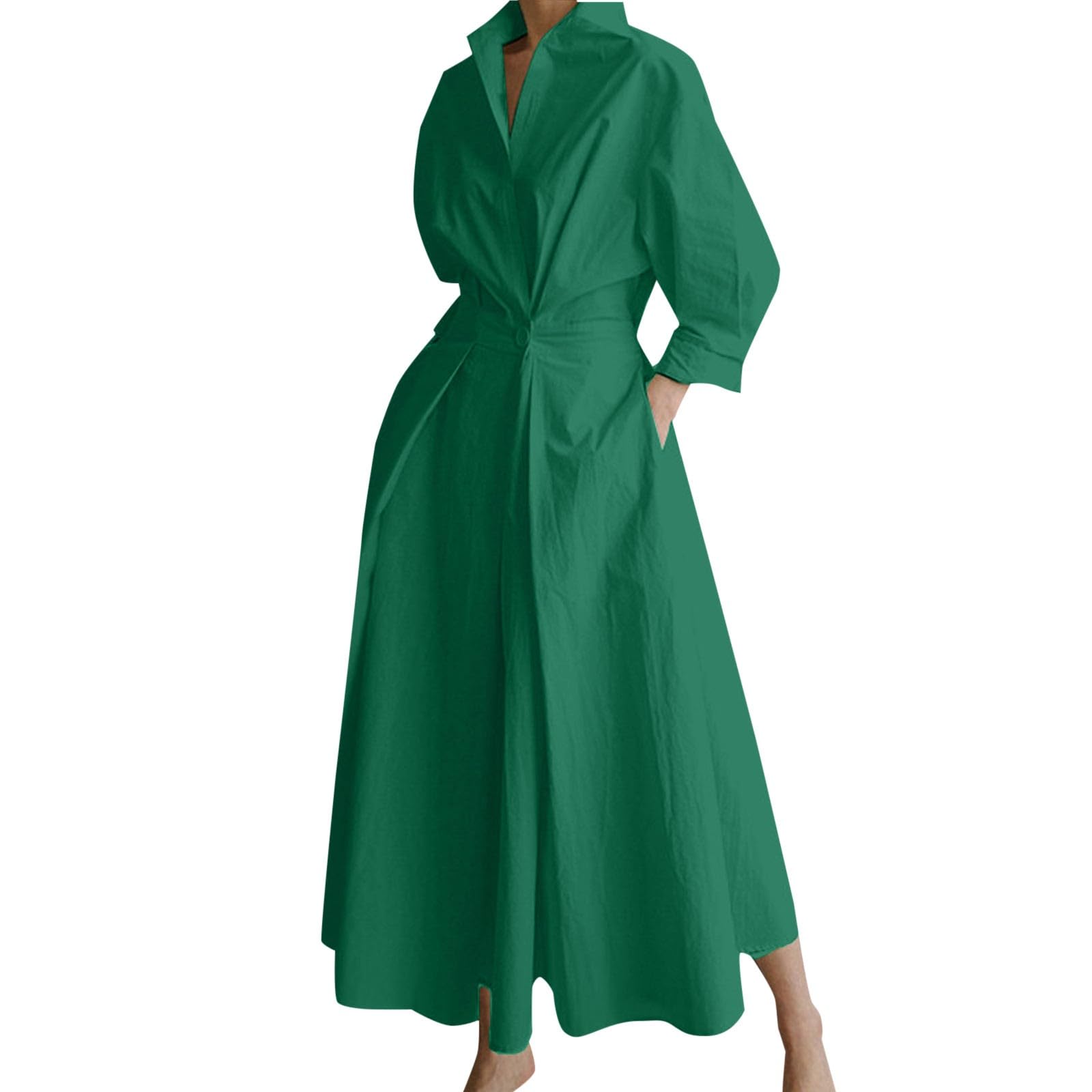 Vestido camisero casual de manga larga de moda con bolsillo de cuello en V para mujer