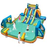 GYMAX Inflatable Water Castle, Kids Bounce House with Slides, Giant Soccer Zone, Climbing Wall, Water Cannons & Ring-toss Game, Indoor Outdoor Children Bouncy Castle for Garden