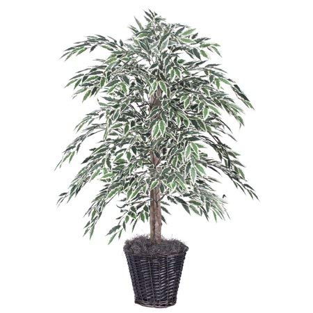 Vickerman Everyday 4' Artificial Variegated Smilax Bush in a Rattan Basket - Lifelike Home Office Decor - Faux Indoor Potted Bush