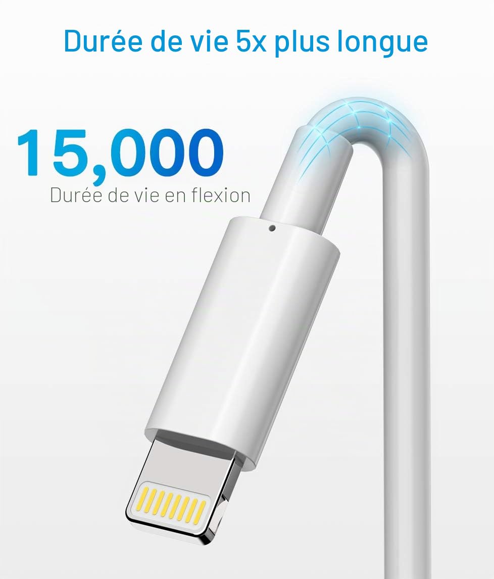 Quntis Lot de 3 Câble de Chargeur iPhone 2M, MFi Certifié Câble, Fil Lightning Charge Rapide pour iPhone 11 12 13 14 Pro 13 Mini XS Max XR X 8 7 6s 6 Plus 5 Se iPad Chargeur, Cordon iPhone Blanc