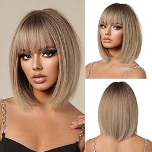 Ombre Blonde Bob Perücke mit Pony Kurz Gerade Perücke für Frauen Synthetisches Haar Perücken Cosplay Täglich Party Gebrauch
