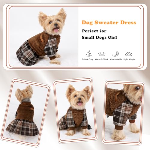 Image of Dog Sweater Dog Clothes for Small Dogs Boy Girl Fall Puppy Dress Warm Fleece Chihuahua Yorkie Teacup Doggie Sweaters Dresses Doggy Sweater for Small Dogs Girl Cat Outfit, Brown, M