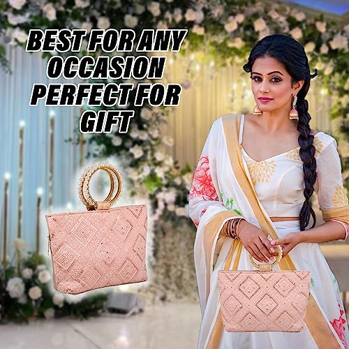 Image of Heart Home Clutch Bag | Zig Zag Chicken Silk Embroidery | Moti Churi Handle | Hand Purse for Woman | Party Bags for Woman | Wedding Clutch Purse | Pack of 2 | Peach