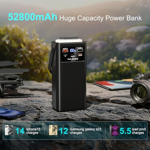 Image of Power Bank 52800mAh PD 35W High Capacity Battery Pack with Built-in 4 Cables & LED Flashlight - 8 Port Portable Charger for Travel, Outdoor, and Multiple Device Charging (Black, Milliamp Hours, 52800)