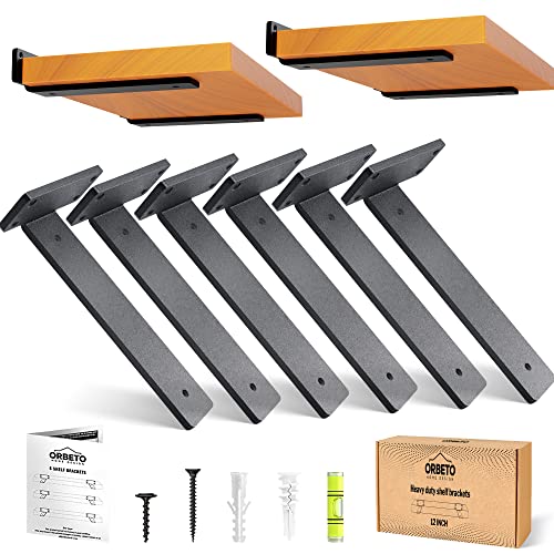 Orbeto Heavy Duty Floating Shelf Bracket (6 inch-6 Pack) with (1/4”-Thick) Metal Black, Holds 160+lb, Powder Coated, Complete Mounting Hardware, Easy Install