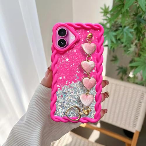 Image of KC Back Cover for Redmi Note 14 Pro 5G / 14 Pro Plus 5G - Cream Wave Dry Fixed Starry Glitter Fur Heart Bracelet Chain Shockproof Soft Bumper Silicone Case with Camera Protection (Pink)