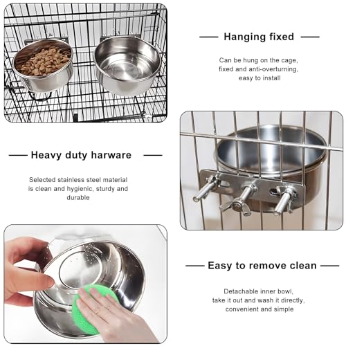 2 x Edelstahl-Fressnapf zum Aufhängen, mit drei Bolzenhaltern, Wassernapf, Futternapf für Hundehütte, Käfigkäfige, Haustiernapf für Hunde, Katzen, Vögel, Schwein, Kaninchen, robust, langlebig, mit
