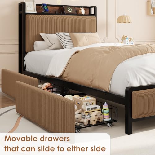 Image of GAOMON Twin Size Bed Frame with 2 Drawers and Charging Station, Brown