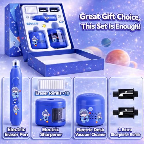 Image of Magicwand Battery Operated Pencil Sharpener,Electric Eraser,Vacuum Cleaner Stationery Set with 10 Eraser Refills for Kids,Adults for Home Office School【Dark Blue】