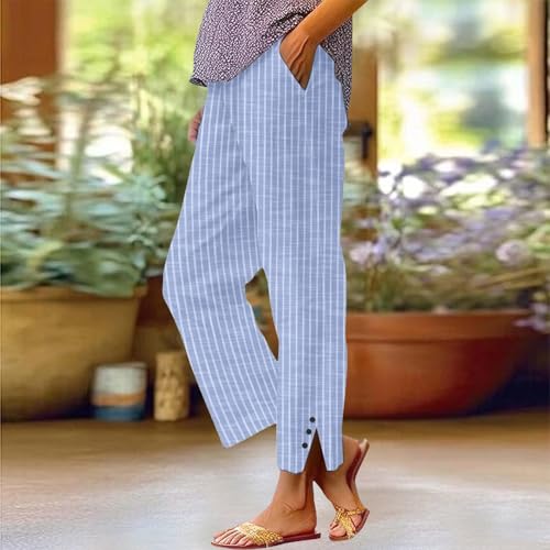 Womens Striped Linen Pants Summer Casual Straight Leg Cropped Pants Comfy High Waisted Trousers with Pockets 20252
