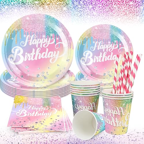 Powmag Regenbogen Deko Geburtstag Partygeschirr, 60 Stück Geburtstag...