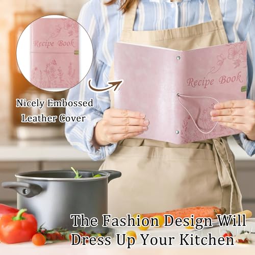 Image of leeveel Blank Recipe Book to Write in Your Own Recipes, 5.6 X 8.2 Recipe Ring Binder with PU Leather Cover, Recipe Journal with 160 Recipes (pink)