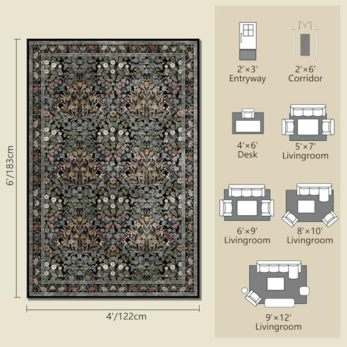 Image of Traditional Design Vintage Floral Area Rug 4 x 6,Washable Area Rugs - Perfect for Living Room, Bedroom, Pet & Child Friendly, Nursery - Stain & Water Resistant Non-Slip, Dining Room Decor