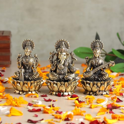 Image of Habere India-All the Cultures Fabricating India Brass Lakshmi Ganesh Saraswati Idol Set for Pooja Room | Pure Brass Lakshmi Ganesh Saraswati Murti for Home (Design04: L5 x W5 x H8 cm)