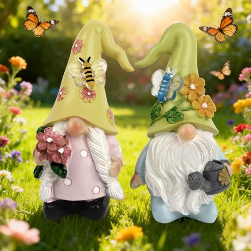 RNPKZ Wichtel Frühling Deko 2 Stück Frühling Wichtel Figuren Deko FrühlingWichtel Figuren aus Kunstharz für Terrassen Gärten und Rasen Geschenke Für Frauen & Mama (Wasserflasche und Blumen)