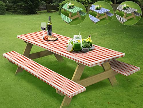 Wagude Rectangle Vinyl Camping Picnic Table Cover + Benches 3-Pc Set,30X72'' (6-Ft) Flannel Backing Elastic Waterproof Wipeable Red/White Checkered Plastic Tablecloth For Indoor Outdoor Patio Park #TOP21
