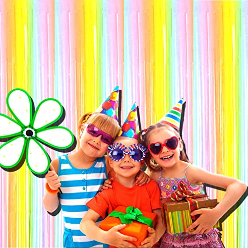 Image of 4 Pack Macaron Rainbow Foil Fringe Curtain Backdrop, 3.28Ftx8.2Ft Colorful Foil Fringe Streamers Curtains for Party, Photo Booth Props, Birthday, 2022 Graduation Decoration Supplies