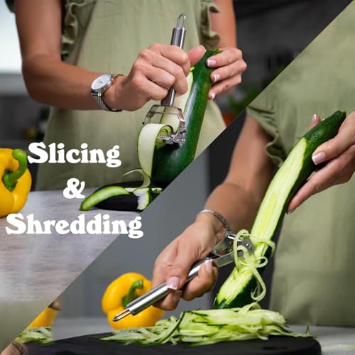 Image of SUNKUKA 2-in-1 Stainless Steel Vegetable Peeler & Julienne Slicer with Cleaning Brush - Durable, Rust-Proof, Knife-Friendly Kitchen Peeler for Carrots, Potatoes, Cucumbers & More